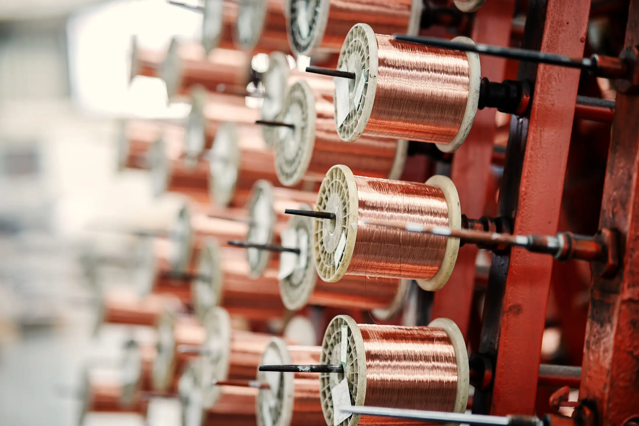 Drawing stage: oxygen-free copper bobbins and wire production